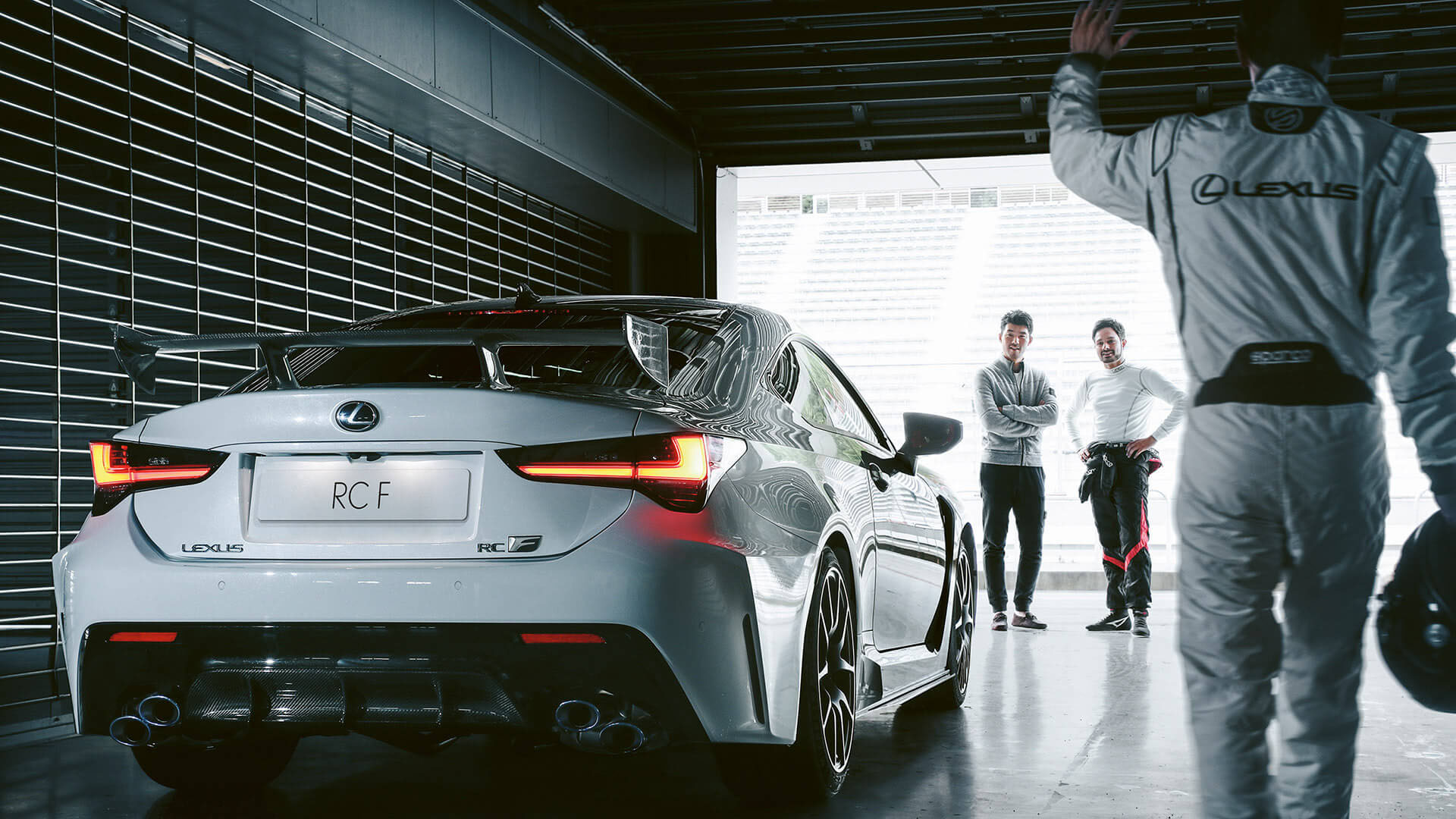 The Lexus RC F Track Edition parked in a racing garage