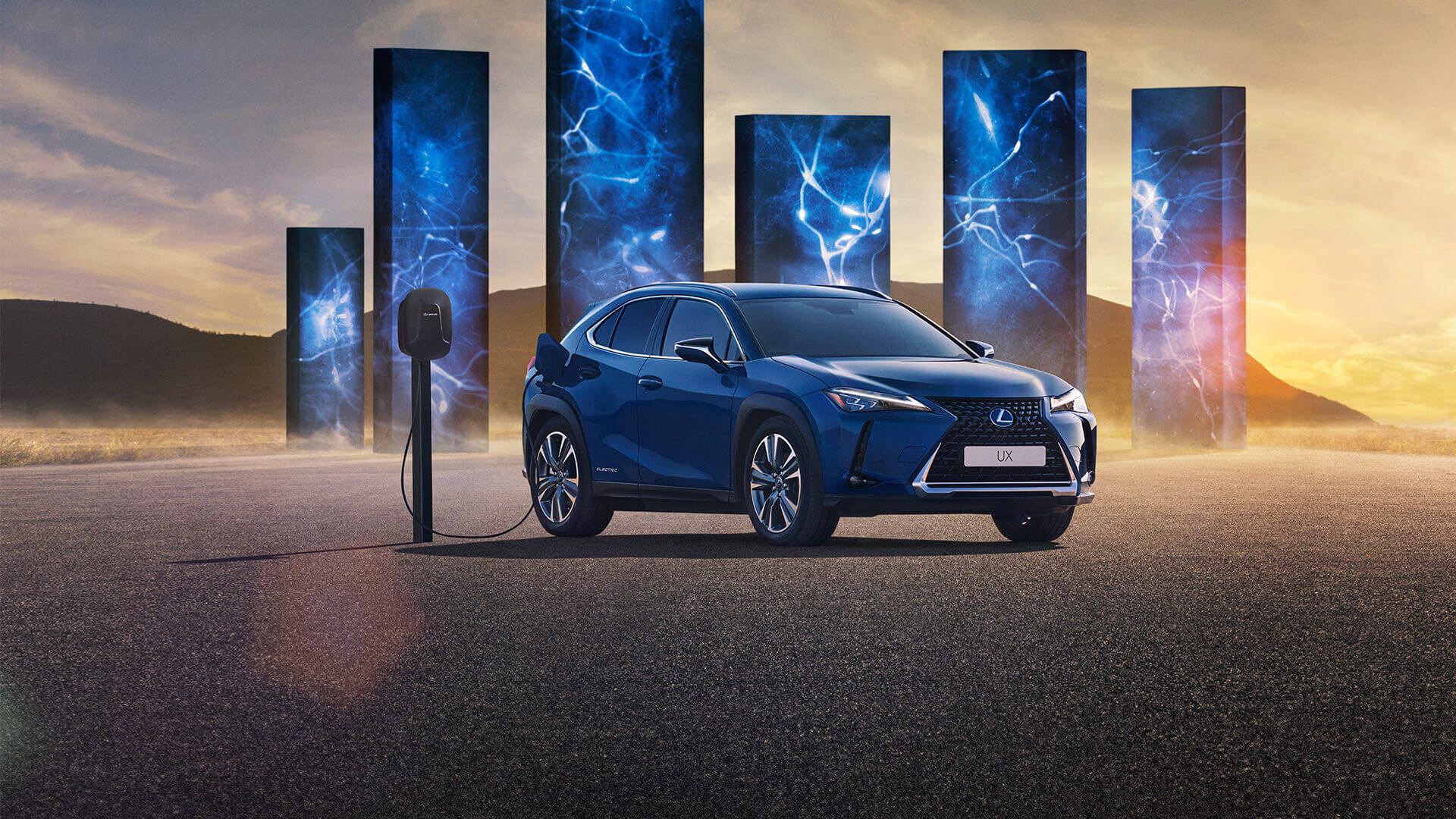 A Lexus UX 300e plugged into a charging port