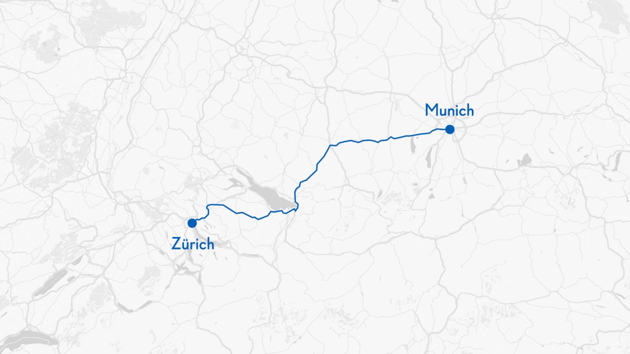 Munich to Zurich on a map